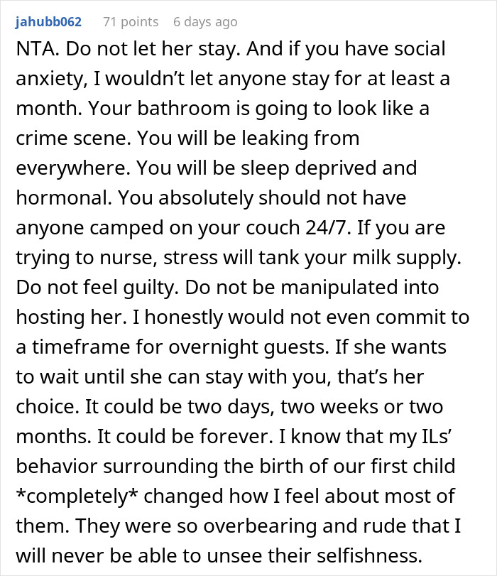 Text expressing concern about MIL wanting to sleep over after DIL gives birth, suggesting setting boundaries. Text expressing concern about MIL wanting to sleep over after DIL gives birth, suggesting setting boundaries.