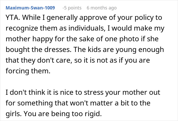 Text from a comment discussing dressing twins differently and recognizing their individuality. Text from a comment discussing dressing twins differently and recognizing their individuality.