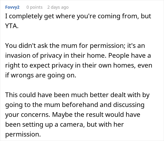 Text comment discussing privacy concerns related to setting up a camera for evidence. Text comment discussing privacy concerns related to setting up a camera for evidence.