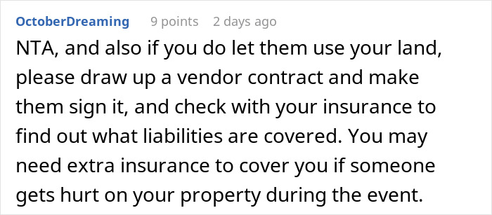 Reddit comment offering legal advice on using land for a wedding, focusing on vendor contracts and insurance coverage. Reddit comment offering legal advice on using land for a wedding, focusing on vendor contracts and insurance coverage.