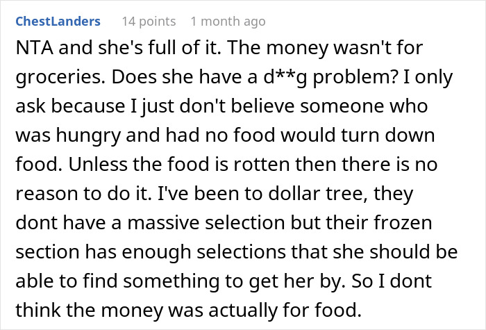 Comment discussing Dollar Tree groceries and financial motives. Comment discussing Dollar Tree groceries and financial motives.