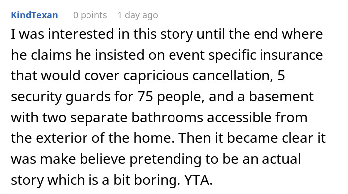 Text from an online comment discussing a story about a man denying wedding use of his backyard over plus-one refusal. Text from an online comment discussing a story about a man denying wedding use of his backyard over plus-one refusal.