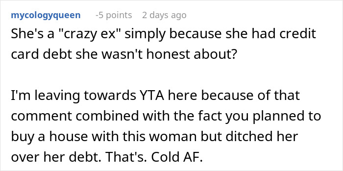 Comment on relationship issues and financial honesty, mentioning wedding and backyard use refusal over guest list disagreement. Comment on relationship issues and financial honesty, mentioning wedding and backyard use refusal over guest list disagreement.