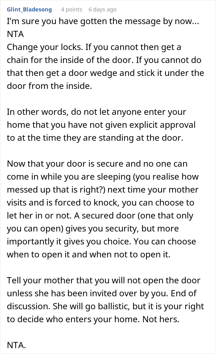 Text advice on managing access to your home, emphasizing personal boundaries with family. Text advice on managing access to your home, emphasizing personal boundaries with family.