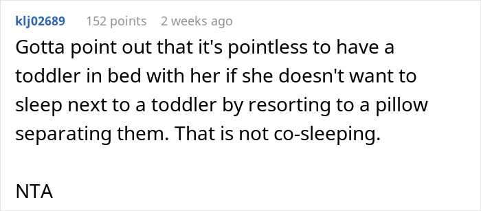 Screenshot of a comment discussing co-sleeping with a toddler and using a pillow for separation. Screenshot of a comment discussing co-sleeping with a toddler and using a pillow for separation.