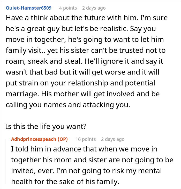 Text exchange about boyfriend’s sister stealing and relationship concerns. Text exchange about boyfriend’s sister stealing and relationship concerns.