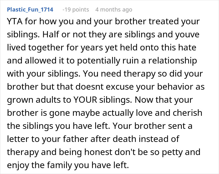 Text from an online forum post discussing sibling relationships and final words. Text from an online forum post discussing sibling relationships and final words.