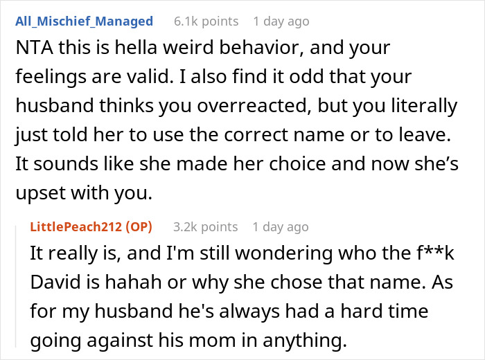 Comment exchange discussing MIL renaming grandson, DIL upset and removes her. Comment exchange discussing MIL renaming grandson, DIL upset and removes her.