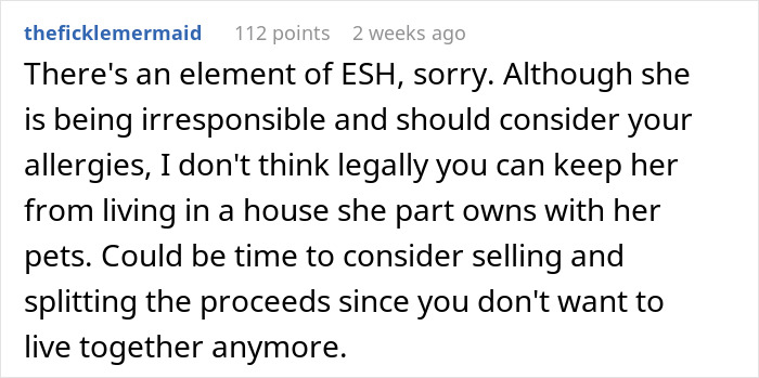 User comment discussing legal issues and allergies related to living with pets. User comment discussing legal issues and allergies related to living with pets.