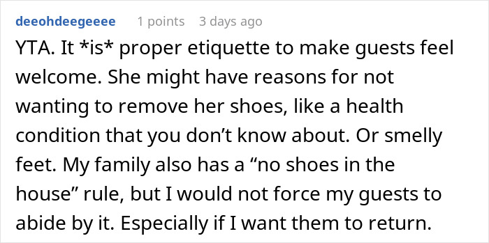 Text comment discussing house rule etiquette and guest comfort. Text comment discussing house rule etiquette and guest comfort.