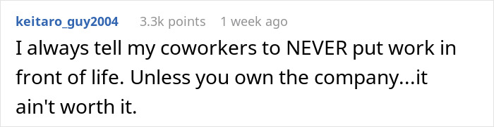Text comment about coworker priorities and job balance. Text comment about coworker priorities and job balance.