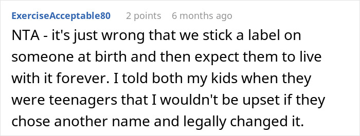 Comment criticizing naming conventions, suggesting flexibility in name choice for kids. Comment criticizing naming conventions, suggesting flexibility in name choice for kids.