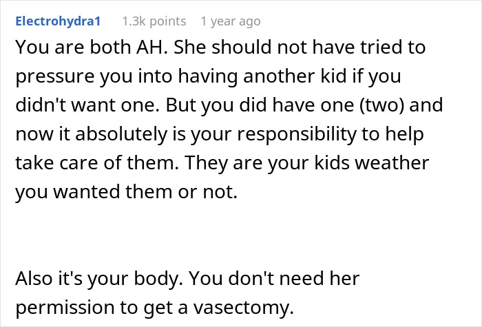 Reddit comment about a dad refusing to help with newborn twins, discussing vasectomy and shared parental responsibility. Reddit comment about a dad refusing to help with newborn twins, discussing vasectomy and shared parental responsibility.