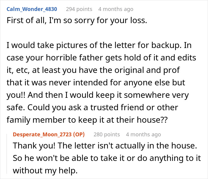 Two users exchange Reddit comments about safeguarding a brother's final words, with advice on letter backup. Two users exchange Reddit comments about safeguarding a brother's final words, with advice on letter backup.