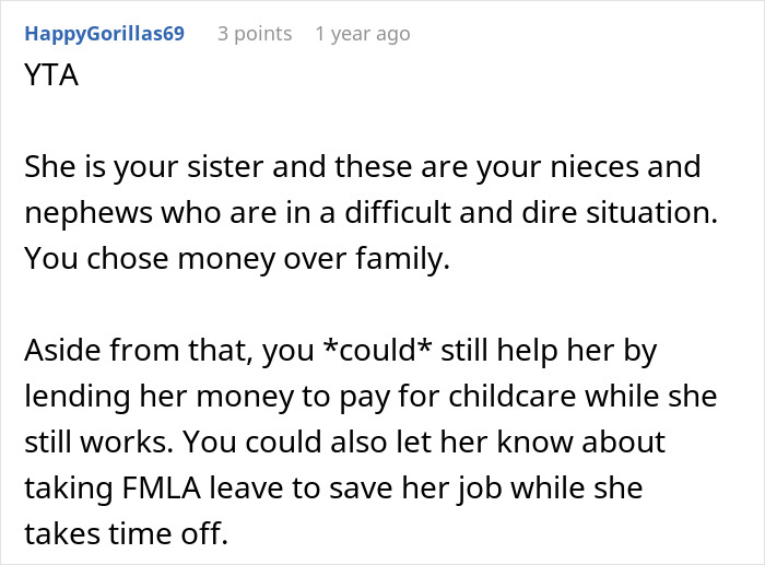 Comment criticizing a woman's refusal to help her sister by rebooking an $18K trip despite the family's needs. Comment criticizing a woman's refusal to help her sister by rebooking an $18K trip despite the family's needs.