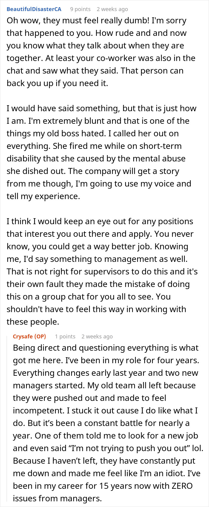 Text conversation about issues with managers in a group chat.