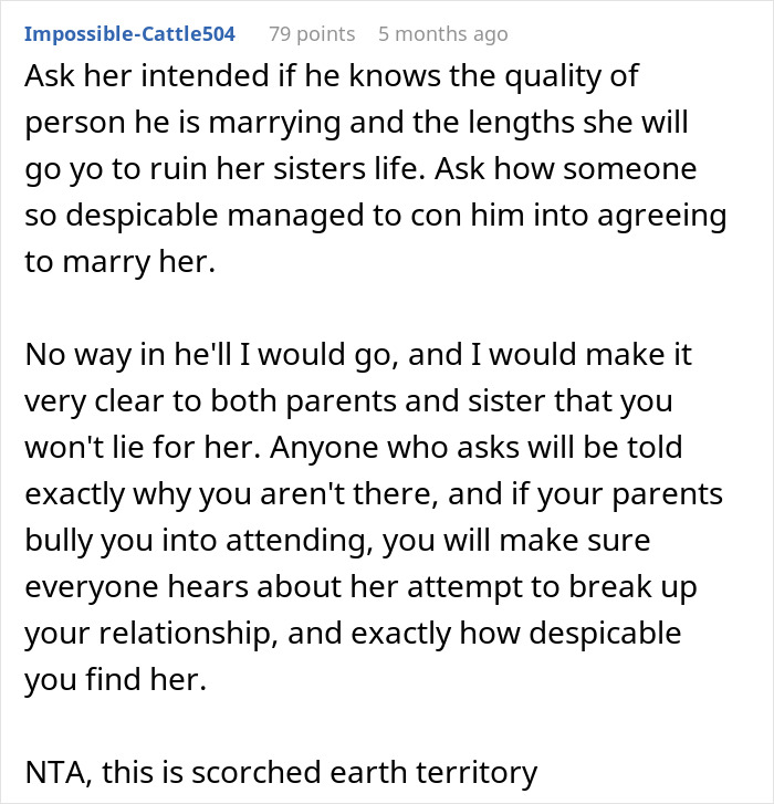 Text post discussing a woman's attempt to persuade her sister’s fiancé to reconsider their engagement. Text post discussing a woman's attempt to persuade her sister’s fiancé to reconsider their engagement.