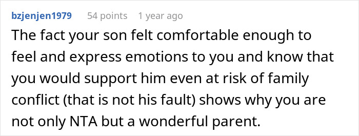 Reddit comment supporting a parent for standing by their gay son against family conflict. Reddit comment supporting a parent for standing by their gay son against family conflict.