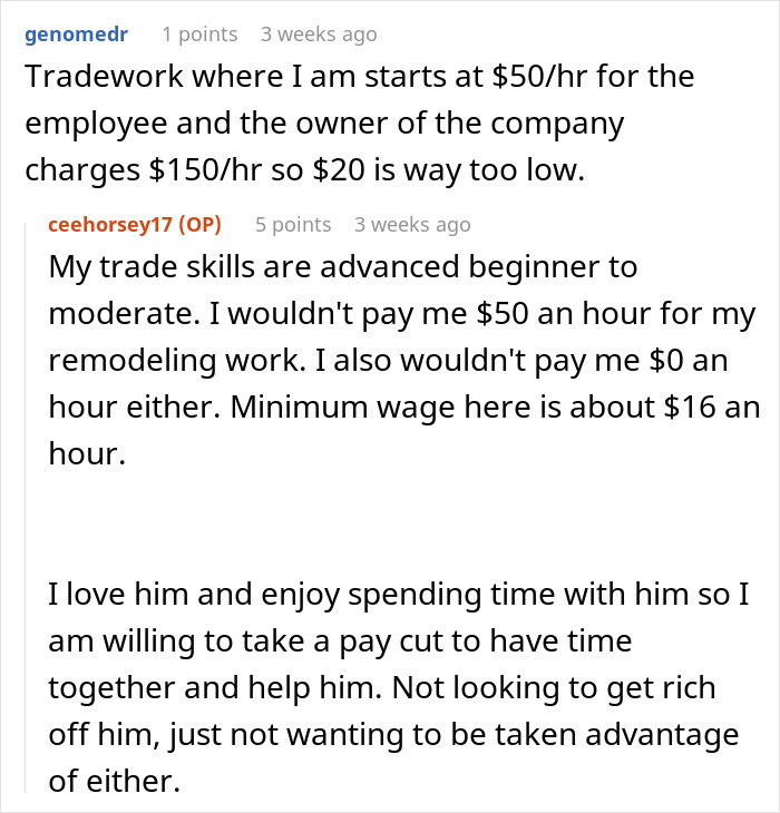 Text discussion about remodeling costs and fair compensation related to will planning decision. Text discussion about remodeling costs and fair compensation related to will planning decision.