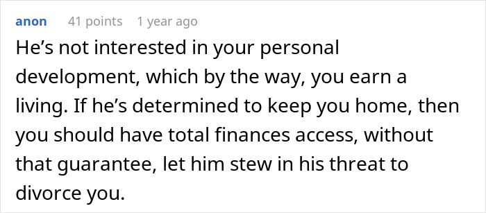 Online comment discussing job and divorce, emphasizing financial independence. Online comment discussing job and divorce, emphasizing financial independence.