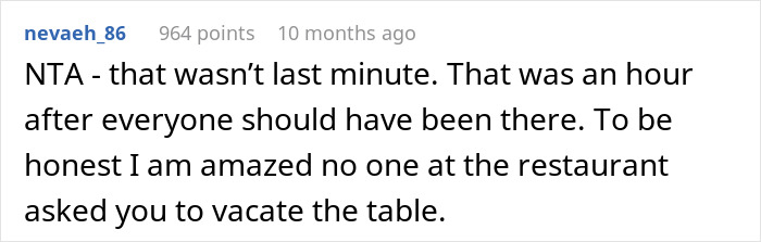 Text comment discussing a woman canceling a birthday dinner after friends and family didn't show up. Text comment discussing a woman canceling a birthday dinner after friends and family didn't show up.