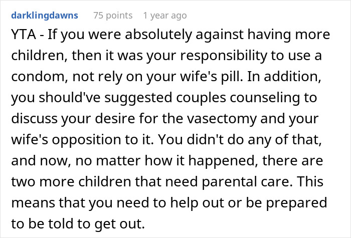 Reddit comment discussing responsibility and parenting decisions related to vasectomy and newborn twins. Reddit comment discussing responsibility and parenting decisions related to vasectomy and newborn twins.
