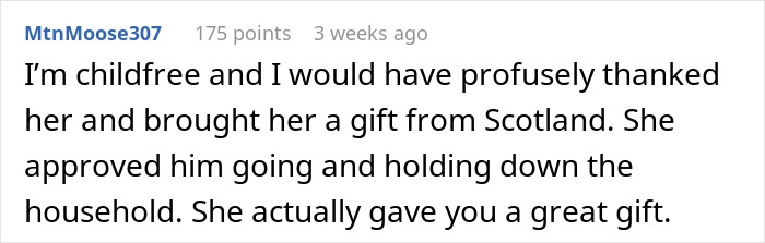 Comment discussing brother's gift and wife's role, mentioning gratitude for babysitting during birthday trip. Comment discussing brother's gift and wife's role, mentioning gratitude for babysitting during birthday trip.