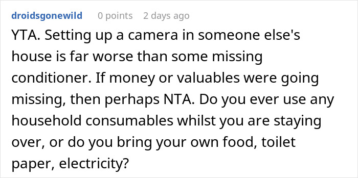 Comment discussing the ethics of setting up a camera for evidence against a sister. Comment discussing the ethics of setting up a camera for evidence against a sister.