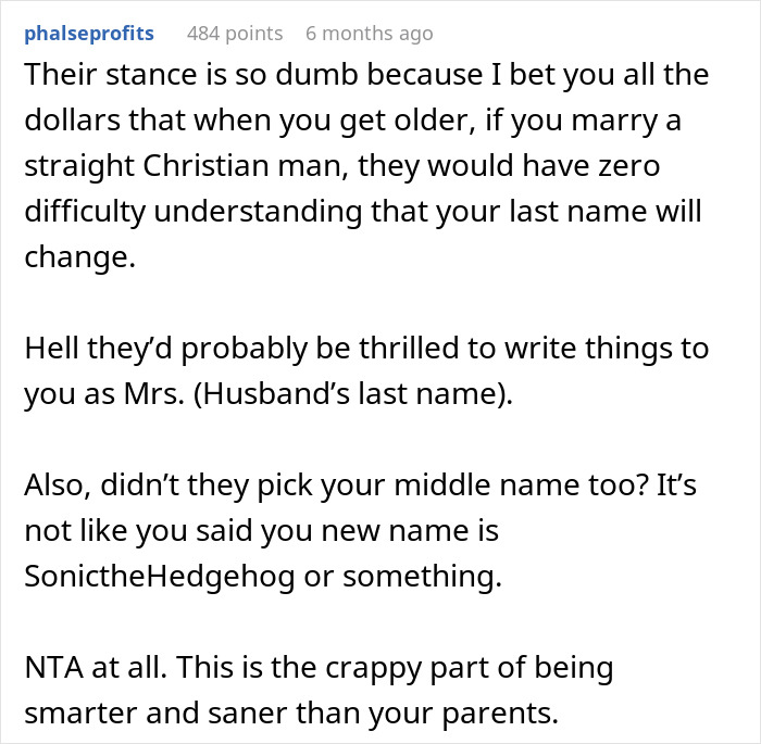 Reddit comment discussing name change, Christian marriage, and sarcastic remarks about unconventional names. Reddit comment discussing name change, Christian marriage, and sarcastic remarks about unconventional names.