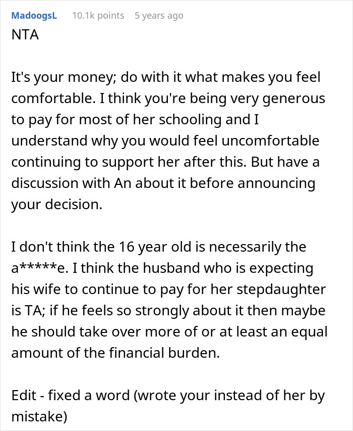 Online comment discussing a 16-year-old's situation with her bio mom's legacy and stepmom's college fund decision. Online comment discussing a 16-year-old's situation with her bio mom's legacy and stepmom's college fund decision.