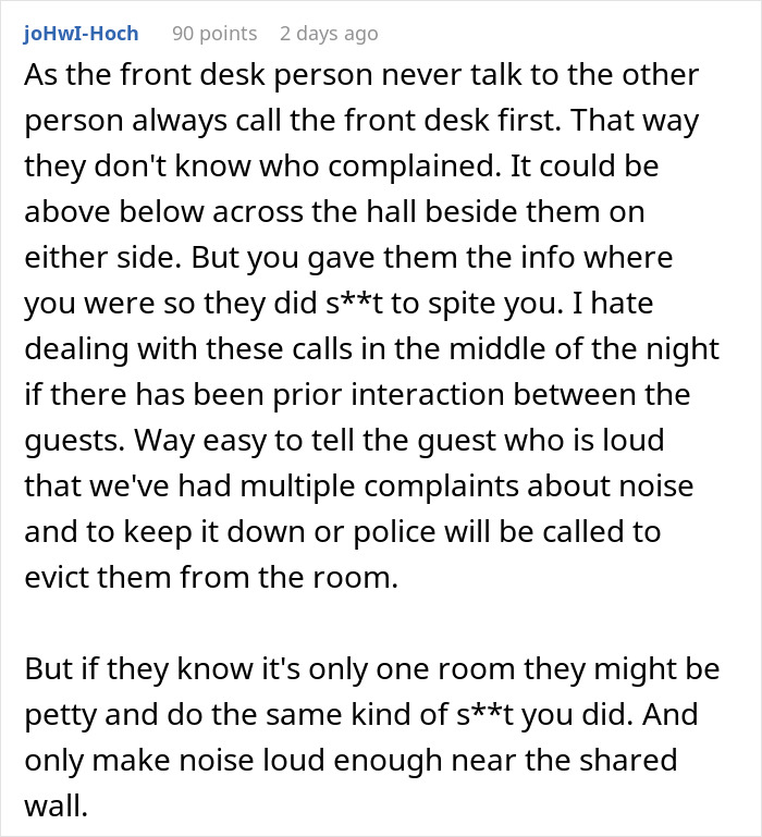 Text discussing hotel room noise complaints due to partying neighbors and guest interactions. Text discussing hotel room noise complaints due to partying neighbors and guest interactions.