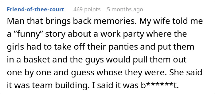 Text image discussing a shocking work party game involving women’s underwear, reflecting on inappropriate team building activities. Text image discussing a shocking work party game involving women’s underwear, reflecting on inappropriate team building activities.