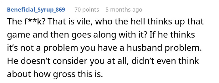 Screenshot of a Reddit comment discussing a husband's coworkers' controversial game. Screenshot of a Reddit comment discussing a husband's coworkers' controversial game.