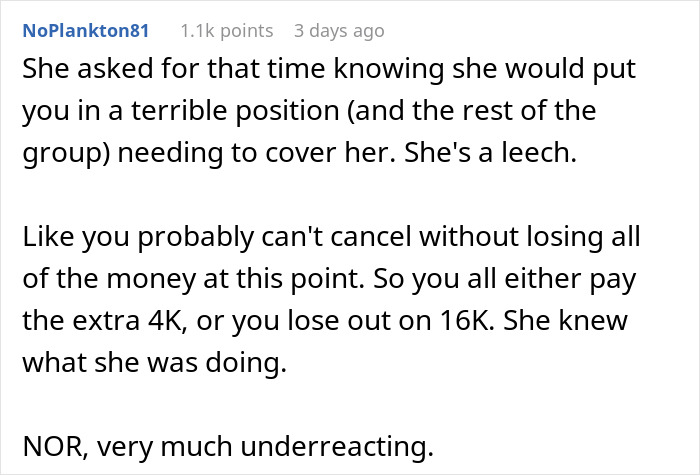 Text discussing a vacation situation where a friend can't pay and expects others to cover her part. Text discussing a vacation situation where a friend can't pay and expects others to cover her part.