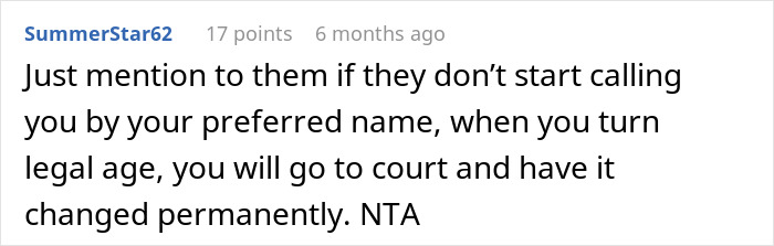 Text comment discussing preferred name choice and legal name change options. Text comment discussing preferred name choice and legal name change options.