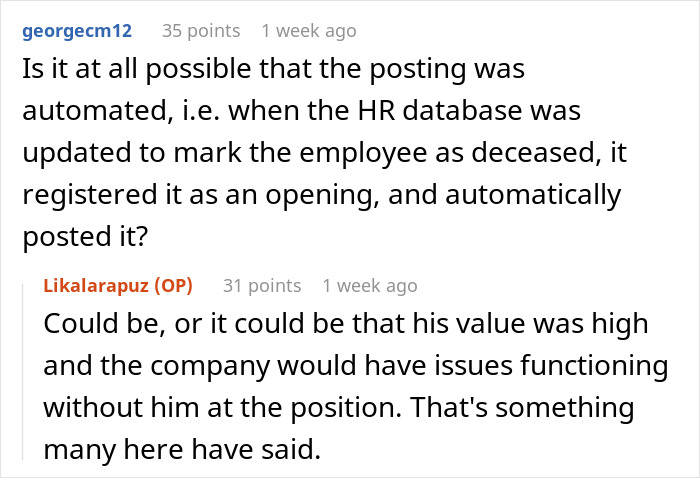 Reddit discussion on coworker-died-emails-job, exploring automated job postings after marking an employee as deceased. Reddit discussion on coworker-died-emails-job, exploring automated job postings after marking an employee as deceased.
