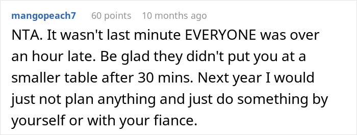 Comment supporting woman bullied for canceling birthday dinner due to no-shows. Comment supporting woman bullied for canceling birthday dinner due to no-shows.