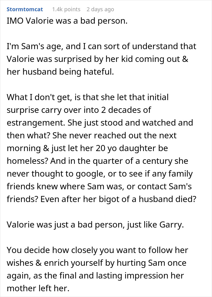 Commentary discussing inheritance and family estrangement issues. Commentary discussing inheritance and family estrangement issues.