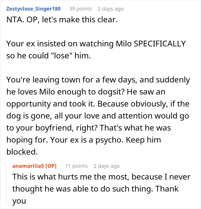 Reddit comments discussing a woman's nightmare trip after her dog gets lost by her boyfriend. Reddit comments discussing a woman's nightmare trip after her dog gets lost by her boyfriend.