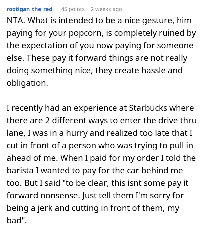 Text discussion on refusing to continue a pay it forward chain, mentioning obligations and personal Starbucks story. Text discussion on refusing to continue a pay it forward chain, mentioning obligations and personal Starbucks story.