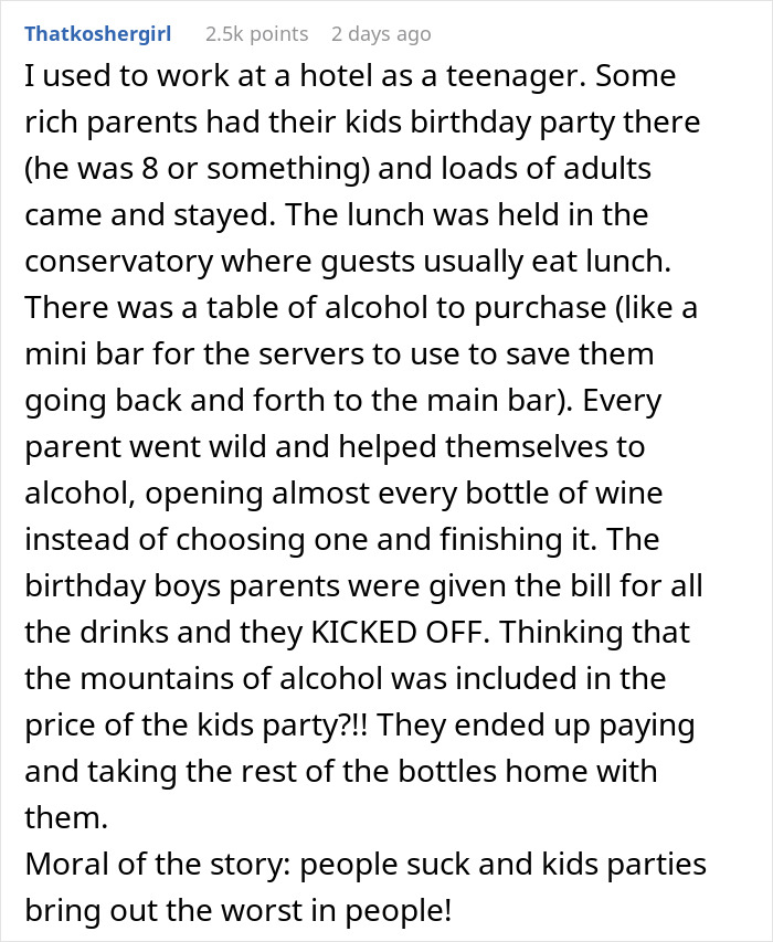 Text recounts birthday party issues when uninvited guests arrive, highlighting parental behavior and unexpected bills. Text recounts birthday party issues when uninvited guests arrive, highlighting parental behavior and unexpected bills.