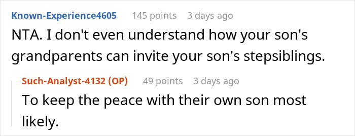 Reddit comments discussing a mom's refusal to let her son attend a family BBQ due to stepsiblings, mentioning fairness and strictness. Reddit comments discussing a mom's refusal to let her son attend a family BBQ due to stepsiblings, mentioning fairness and strictness.