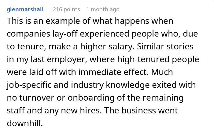 Text screenshot about layoffs leading to loss of experienced staff and business decline, related to company's structure optimization. Text screenshot about layoffs leading to loss of experienced staff and business decline, related to company's structure optimization.