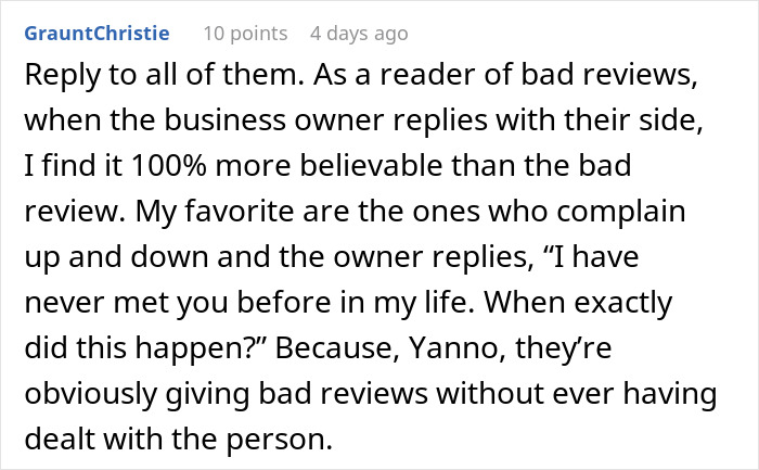 Comment discussing fake bad reviews and business owner replies. Comment discussing fake bad reviews and business owner replies.