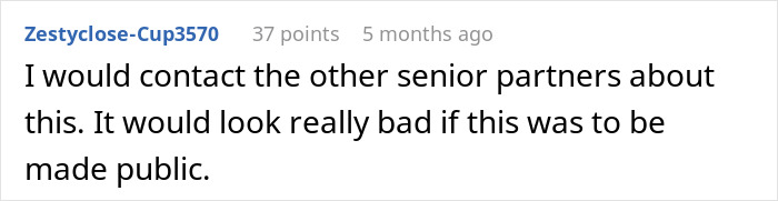 Reddit comment discussing contacting senior partners about a potentially damaging coworker "game. Reddit comment discussing contacting senior partners about a potentially damaging coworker "game.