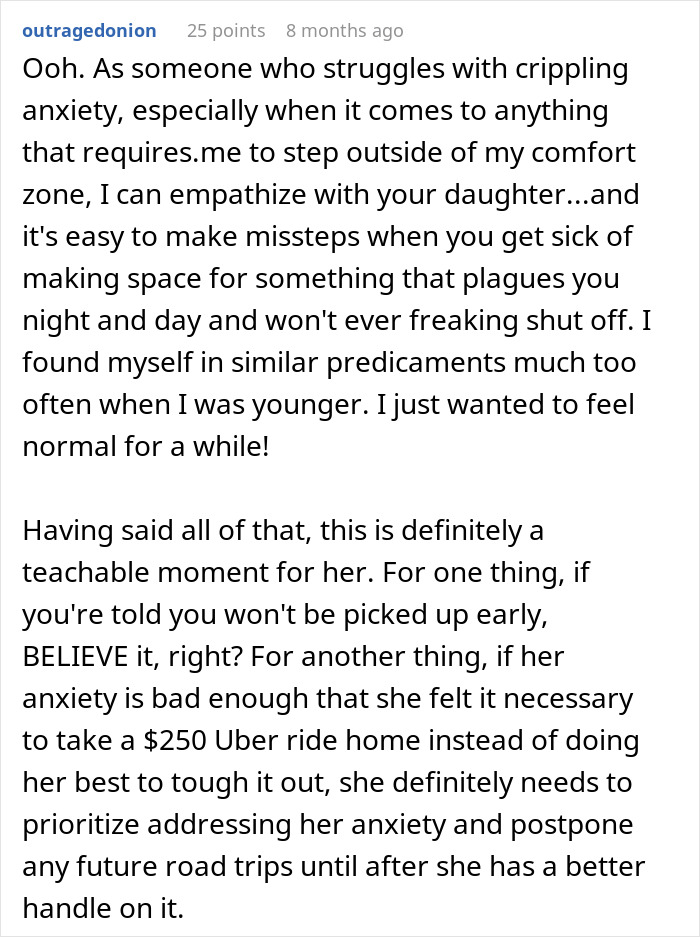 Text discussing anxiety and a $250 Uber ride due to road trip issues. Text discussing anxiety and a $250 Uber ride due to road trip issues.
