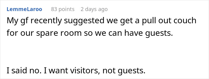Text exchange about preferring visitors over houseguests treating home like a hotel. Text exchange about preferring visitors over houseguests treating home like a hotel.