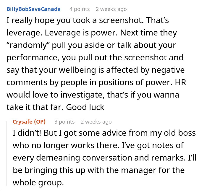 Text conversation about workplace issues and dealing with patronizing managers in a group chat.