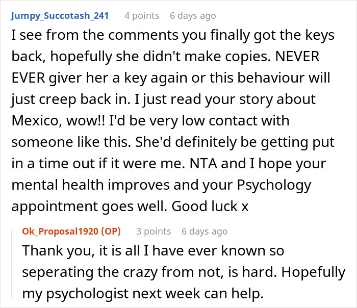 Reddit user comments discussing boundaries with a mom entering her daughter's home, expressing concern and offering support. Reddit user comments discussing boundaries with a mom entering her daughter's home, expressing concern and offering support.