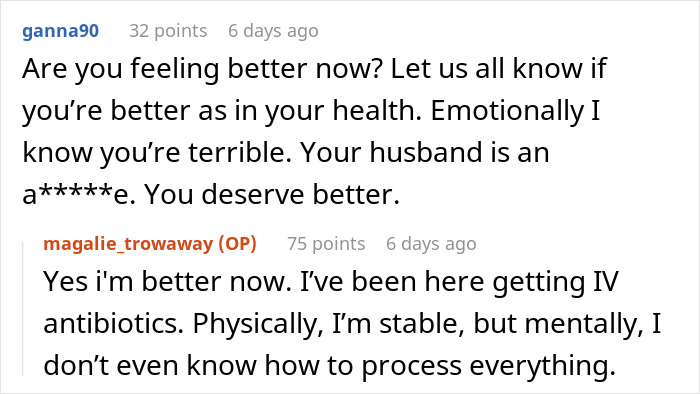Online conversation about a husband's decision affecting his marriage after wife's health crisis. Online conversation about a husband's decision affecting his marriage after wife's health crisis.